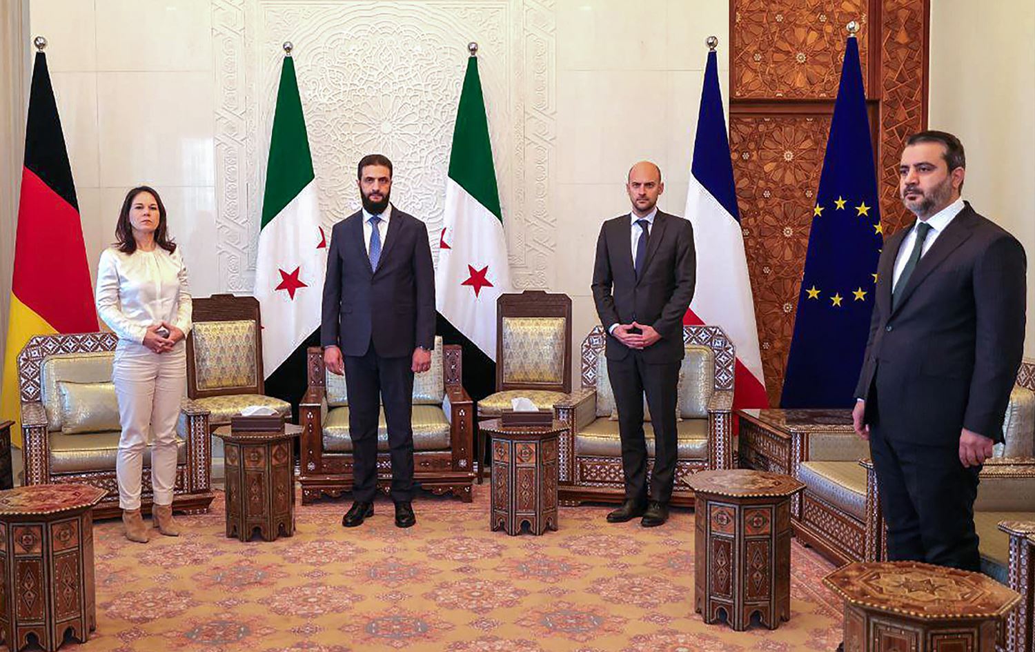 Civîna Fransî Noel Barrot, Annalena Baerbock û Ehmed Şer\ Wêne: AFP