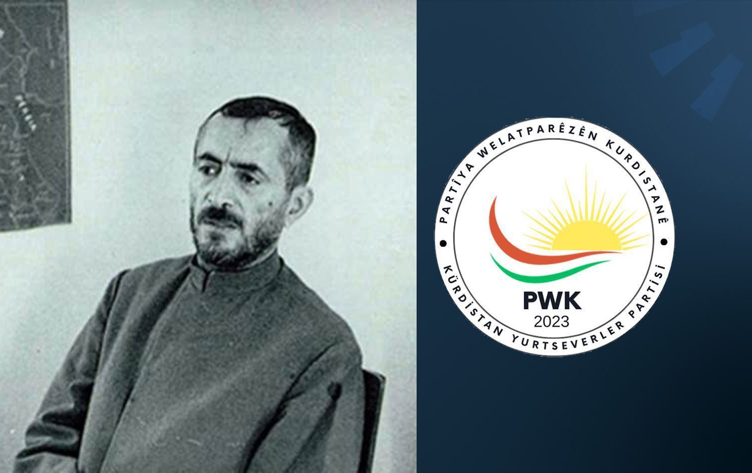 Pêşewa Qazî Mihemed û logoya PWKyê / Wêne: Rûdaw Grafîk