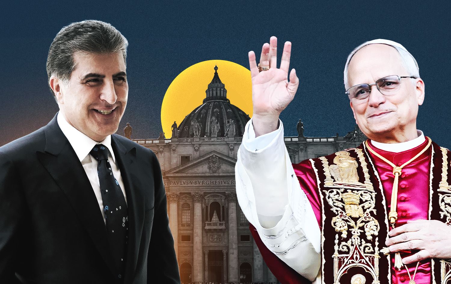 Nêçîrvan Barzanî û Papayê nû Robert Prevost /Wêne: Rûdaw Grafîk