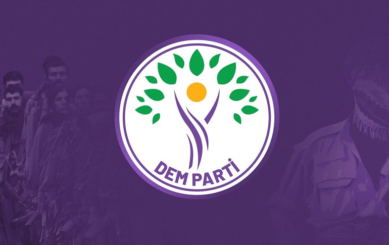 DEM Party logo and PKK fighters (background). Graphic: Rudaw