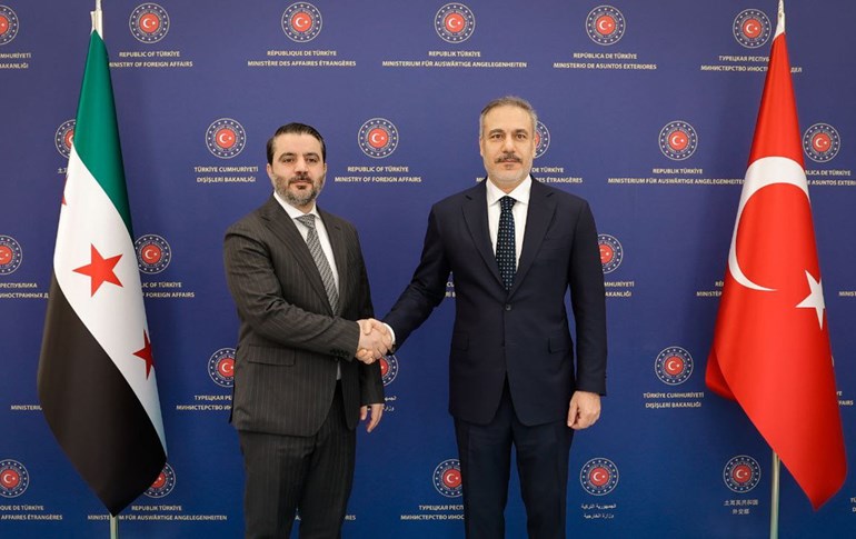 Syrian Foreign Minister Asaad al-Shaibani (left) and Turkish Foreign Minister Hakan Fidan (right) in Ankara on May 12, 2025. Photo: Syrian foreign ministry