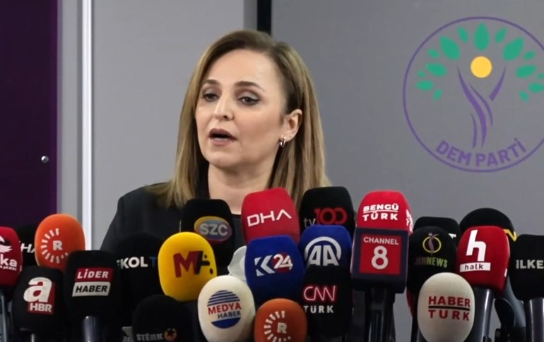 Aysegul Dogan, spokesperson for the pro-Kurdish DEM Party, delivers a presser on May 12, 2025. Photo: DEM Party/screengrab