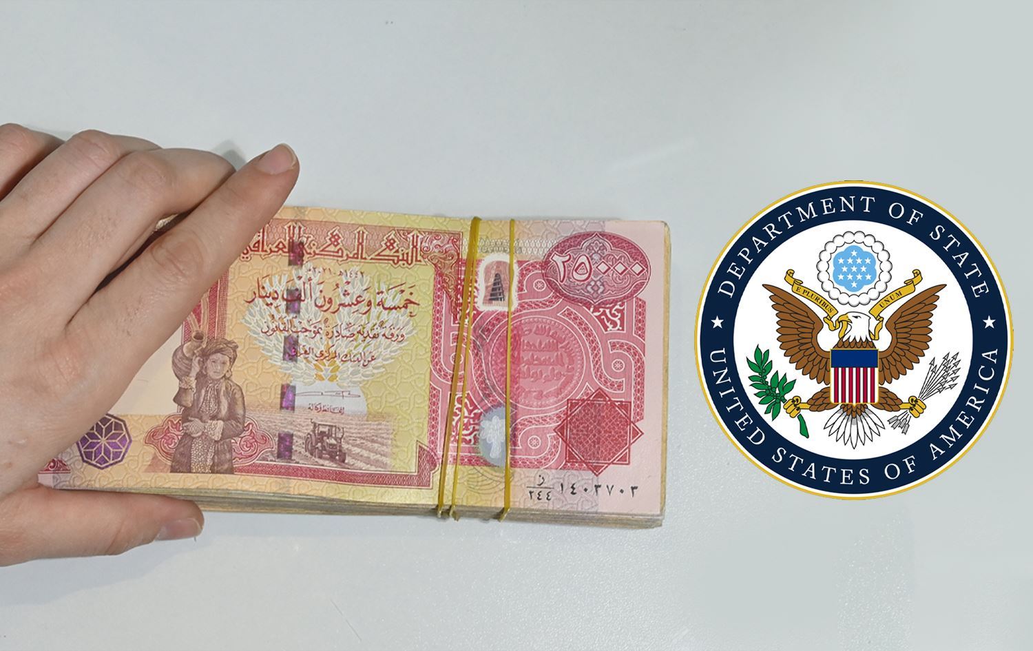 Dînarên Îraqî û logoya Wezareta Karên Derve ya Amerîkayê / Wêne: Rûdaw Grafîk