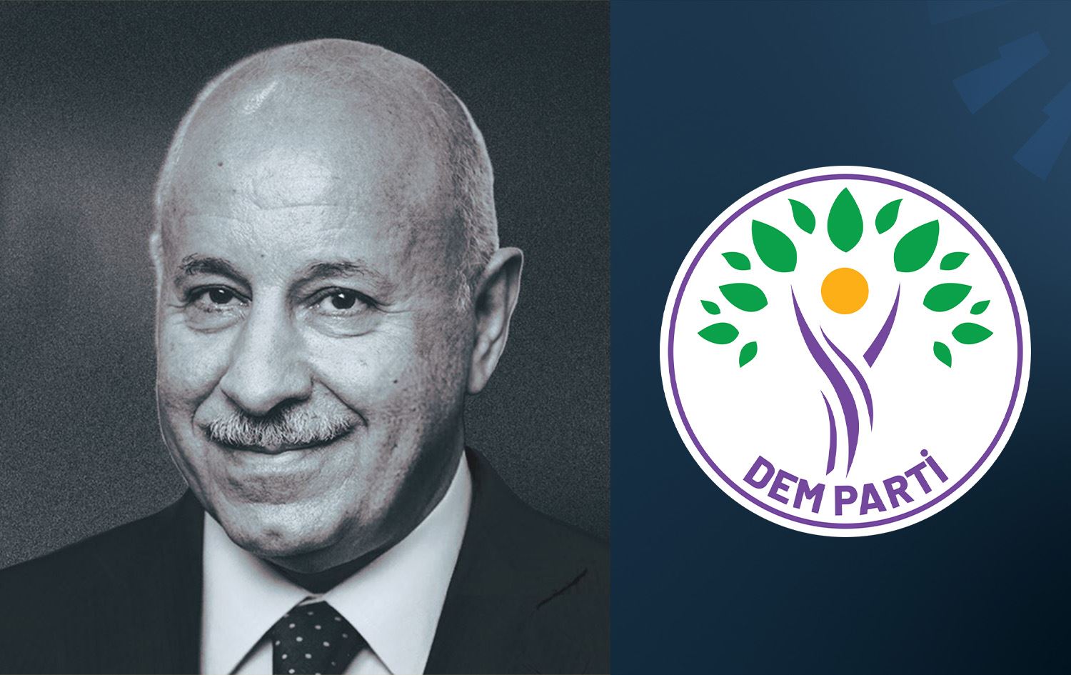 Kerîm Şingalî û logoya DEM Partiyê / Wêne: Rûdaw Grafîk 