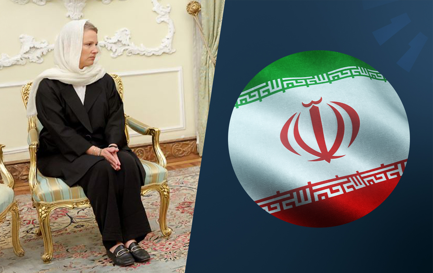 Switzerland Ambassador to Iran Nadine Lozano and Iranian flag. Photo: Rudaw graphic