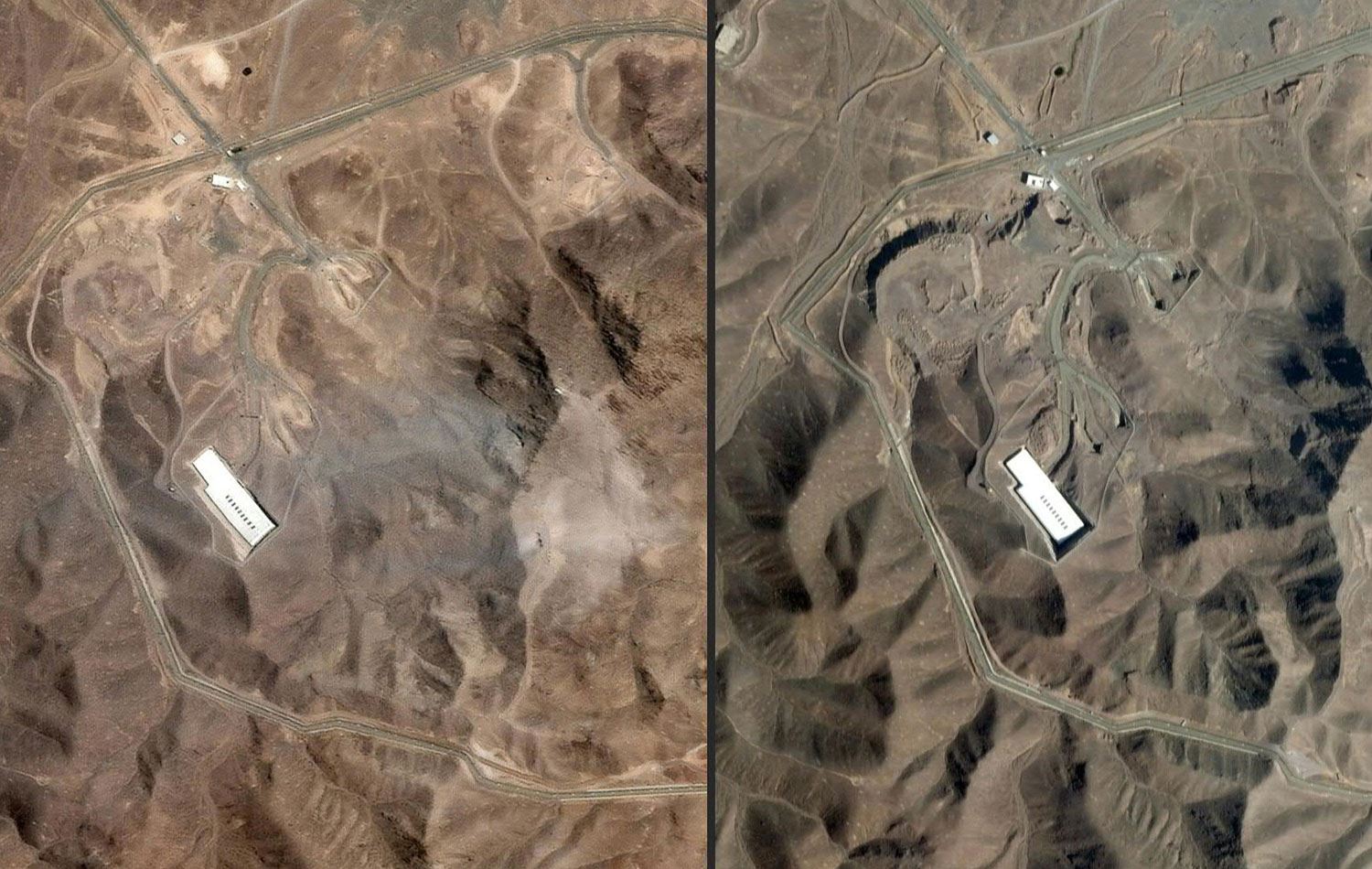 AFP'nin ABD'li Planet Labs PBC şirketine ait uydu fotoğraflarına ilişkin analizine göre, ABD saldırılarından önce ve sonra Fordo'daki İran nükleer tesisinin uydu görüntüleri. / AFP