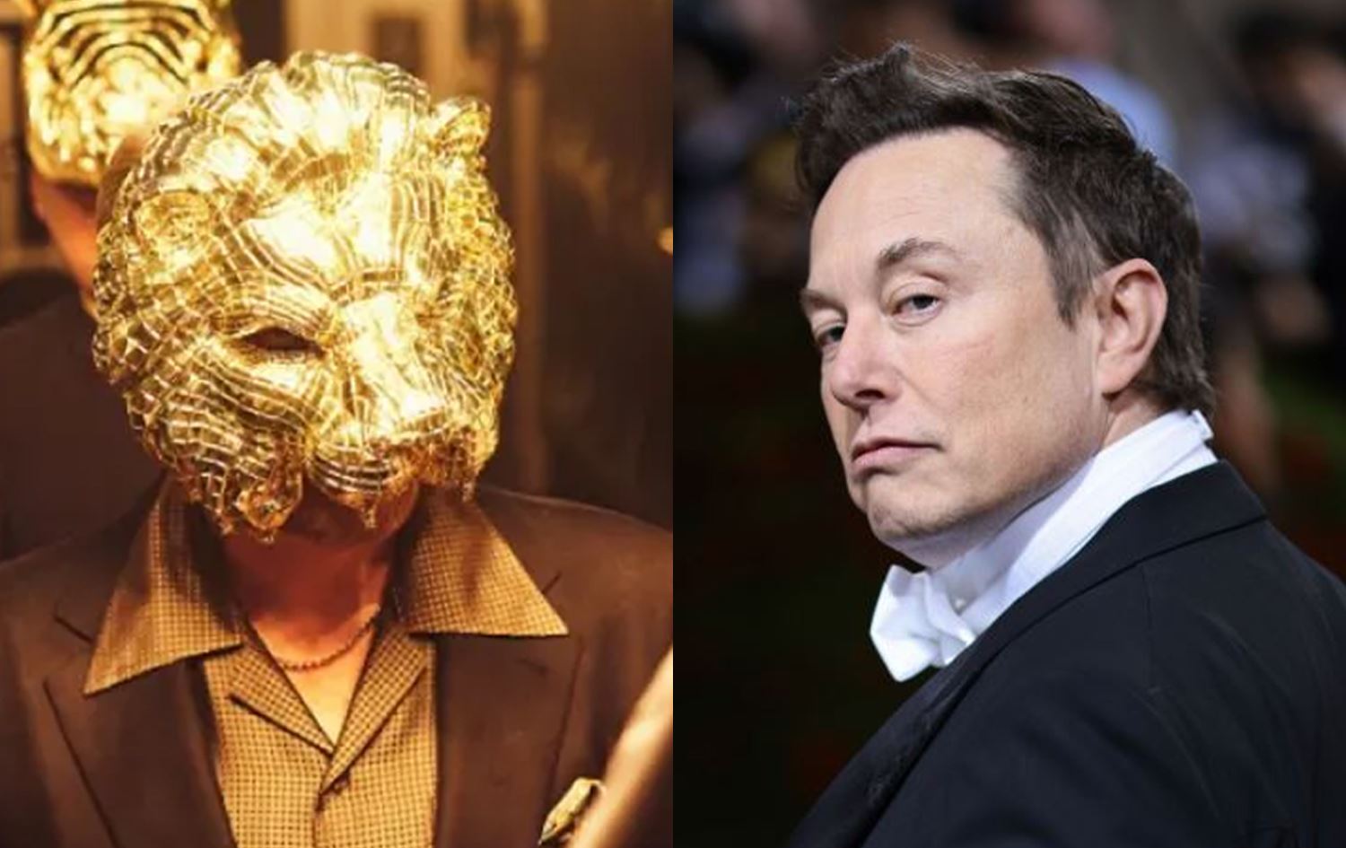 وێنەی ئیلۆن مەسک و یەکێک لە کارەکتەرە دەمامکدارەکانی زنجیرەکە 