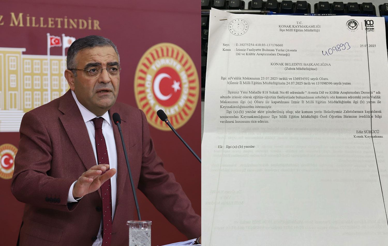 Sezgîn Tanrikulu belgeya biryara girtina komeleya Kurdî parve kir /Wêne: Rûdaw Grafîk