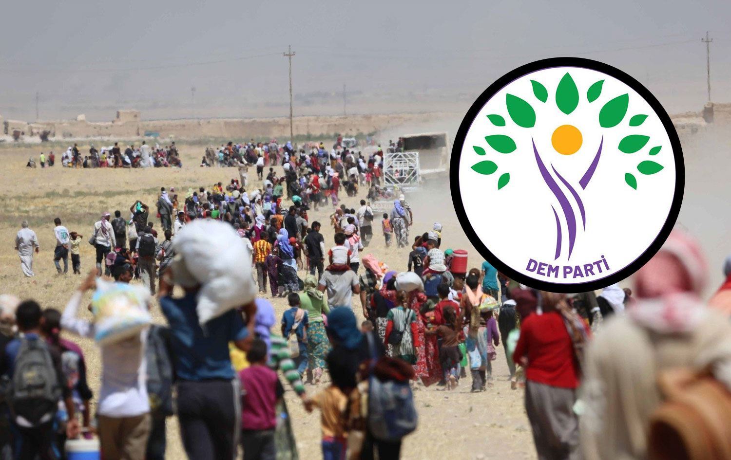 Logoya DEM Partiyê û Êzidiyên ku ji DAIŞê direviyan /Wêne: Rûdaw Grafîk