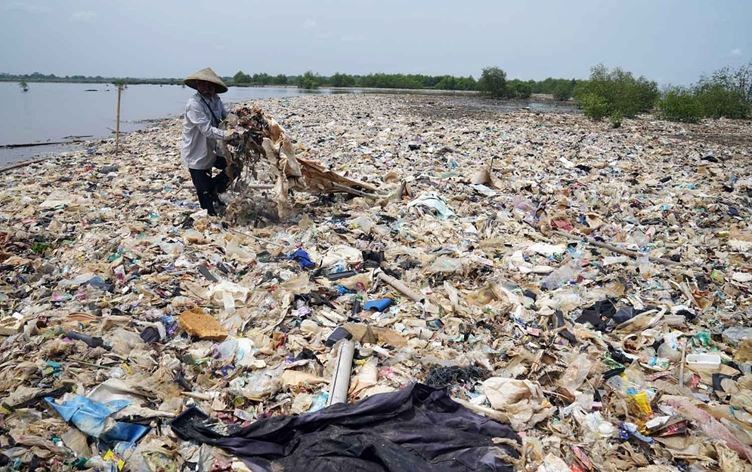 Endonezya'da gölde plastik atık toplayan bir kişi  Foto: Owen Humphreys / PA