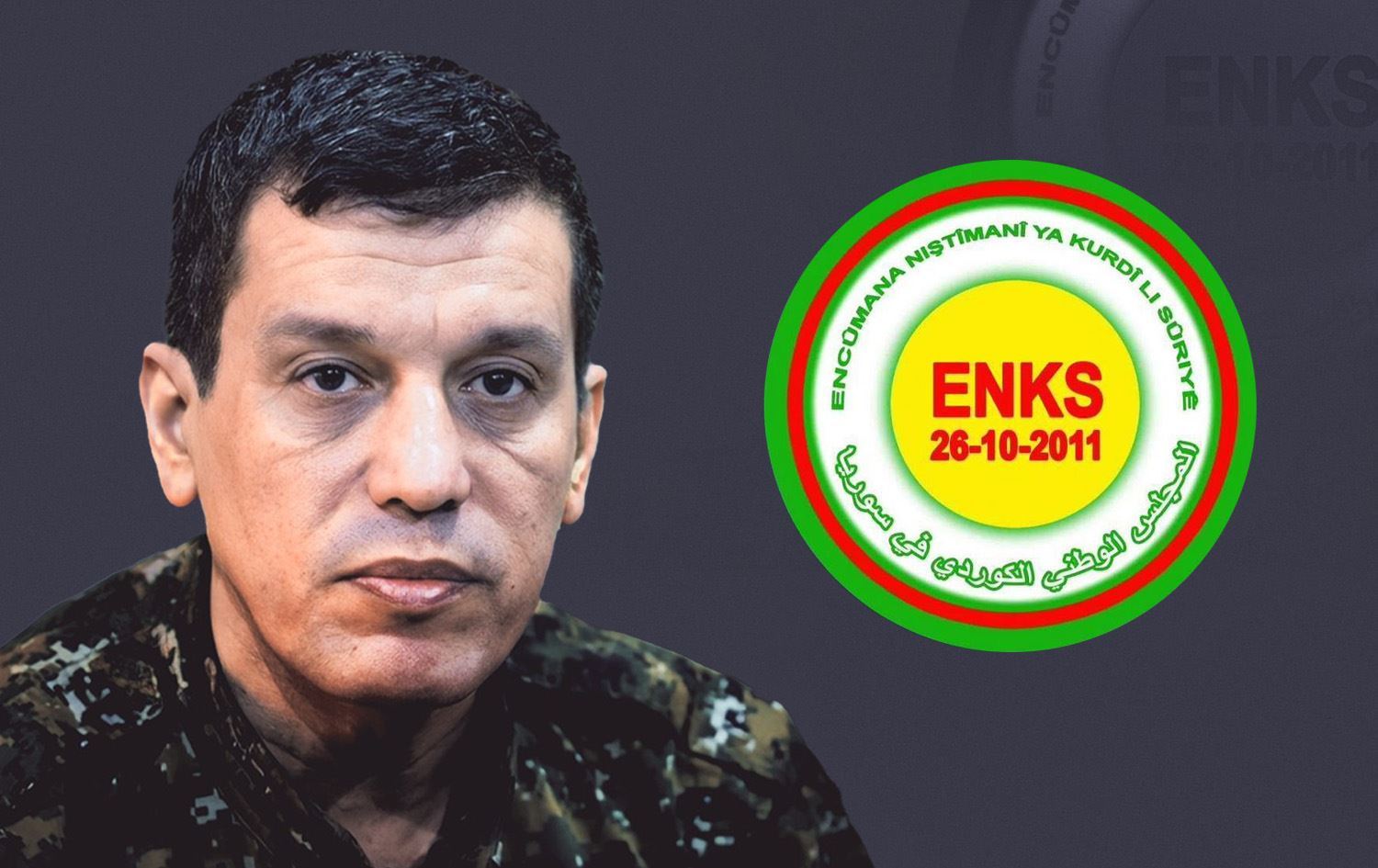 Mezlûm Ebdî û logoya ENKSyê /Wêne: Rûdaw Grafîk
