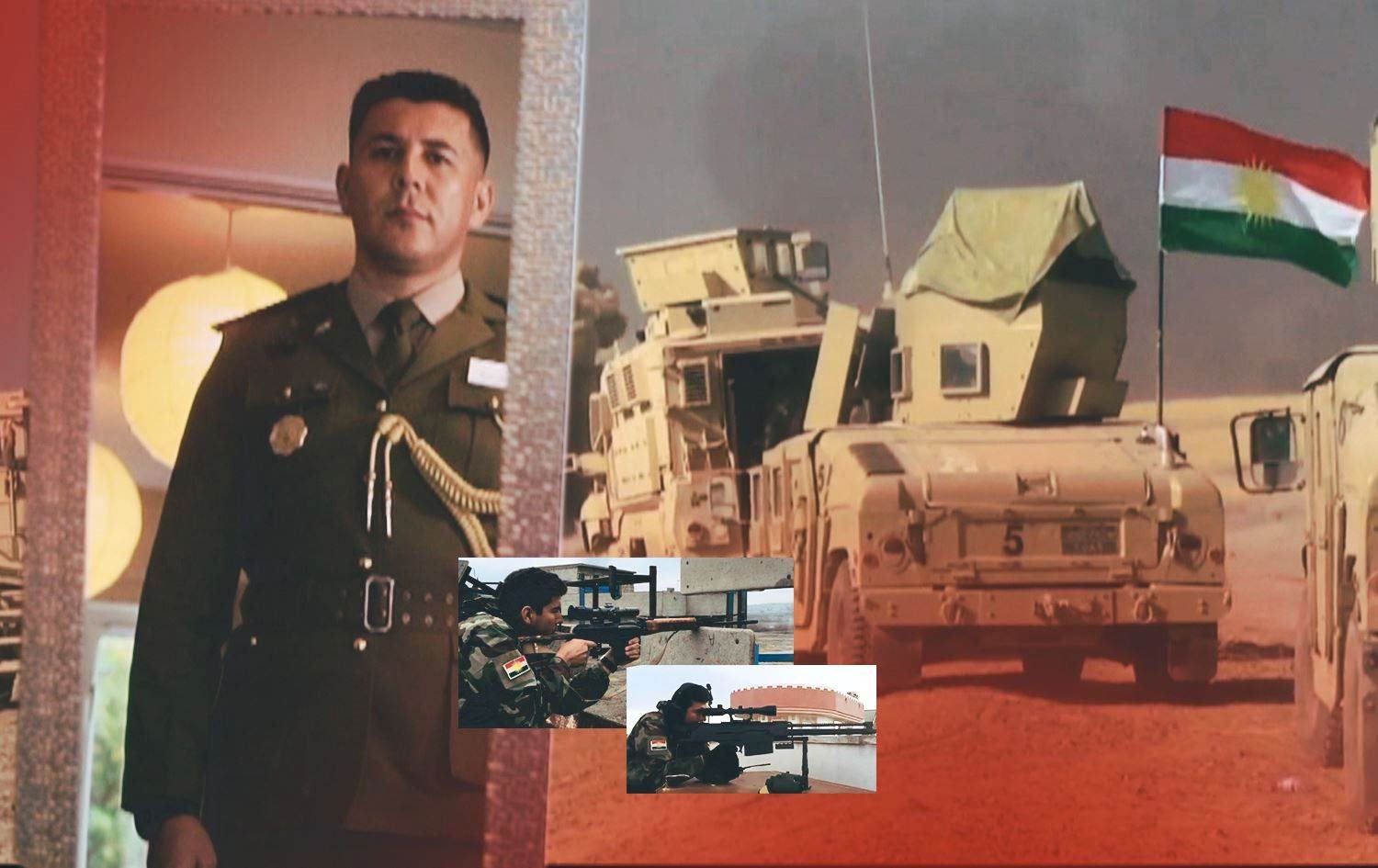 Rebin Rojbayani, an officer at the Peshmerga Ministry and a Peshmerga military vehicle. Graphic: Rudaw