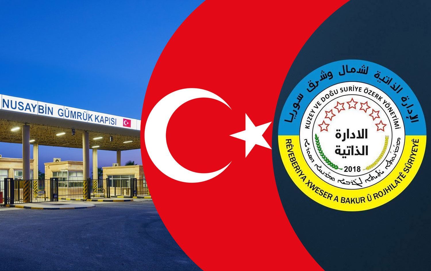 Deriyê Sînorê yê Nisêbiînê û alayên Tirkiye û Rêveberiya Xweser/Wêne: Rûdaw Grafîk