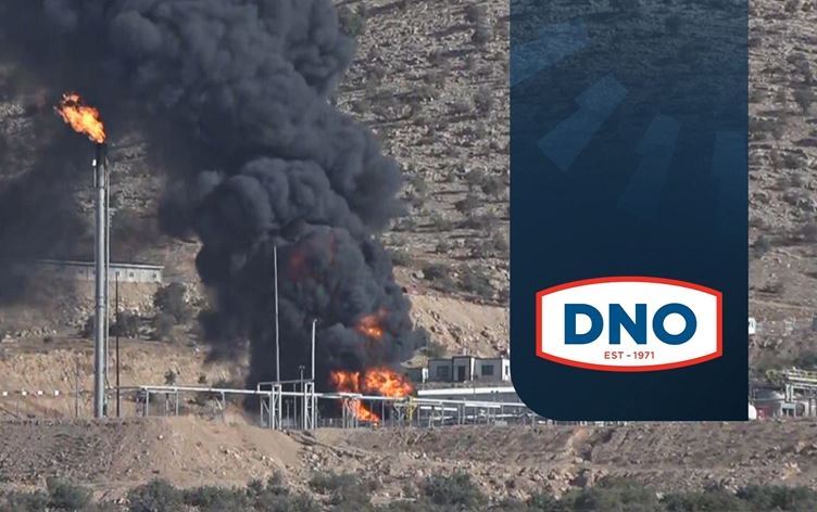 Aftermath of drone attack on DNO-operated Peshkhabur oil field in the Kurdistan Region's Duhok province in mid-July 2025, and DNO logo. Graphic: Rudaw