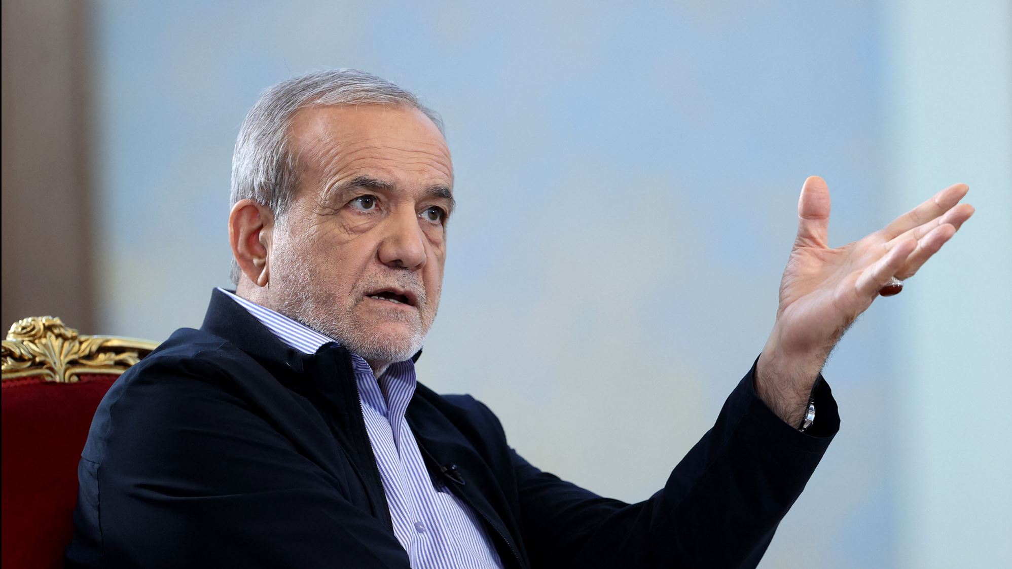 A handout picture provided by the Iranian president's office on Aug 30, 2025, shows President Masoud Pezeshkian speaking during a televised interview in Teheran.