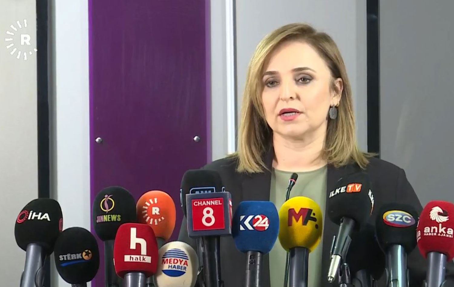 DEM Parti Sözcüsü Ayşegül Doğan, partisinin genel merkezinde basın toplantısı düzenledi. / Foto: Rûdaw