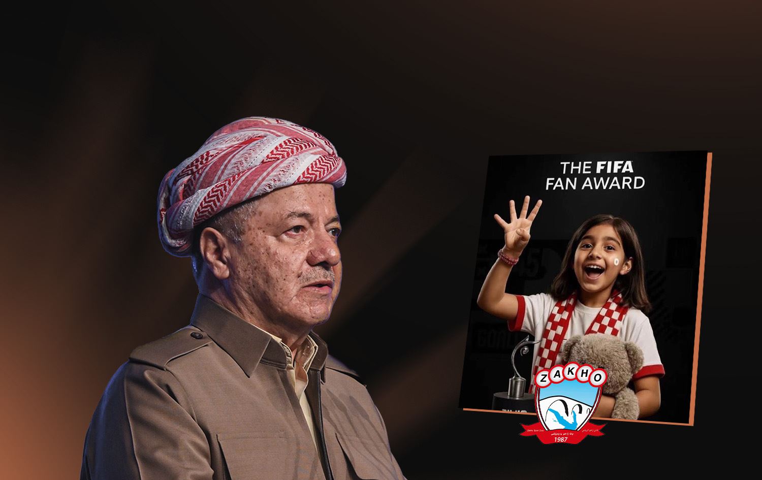 سەرۆک بارزانی و نیپێل، ئەو کچەی فیفا کردوویەتیە هێمای هاندەرانی زاخۆ.