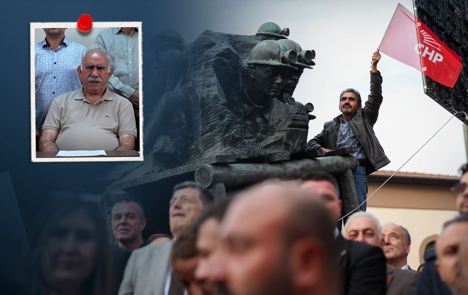 Jailed PKK leader Abdullah Ocalan (left) and a CHP rally on November 22, 2025. Graphic: Rudaw
