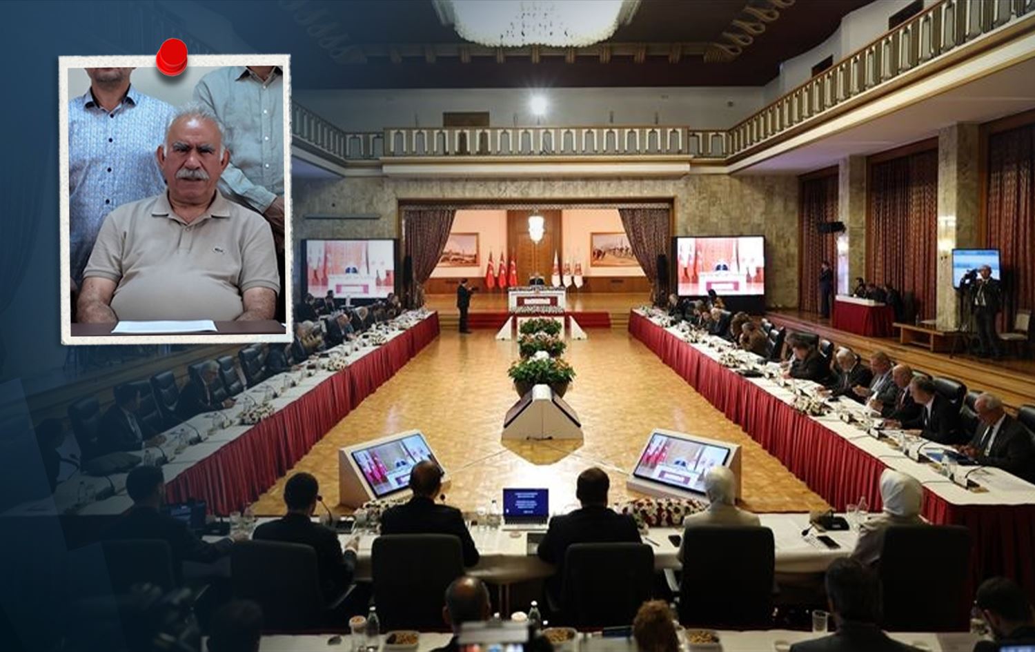 Jailed PKK leader Abdullah Ocalan (left) and a meeting of Turkey's parliamentary commission assigned with discussing PKK-Ankara peace process. Graphic: Rudaw 