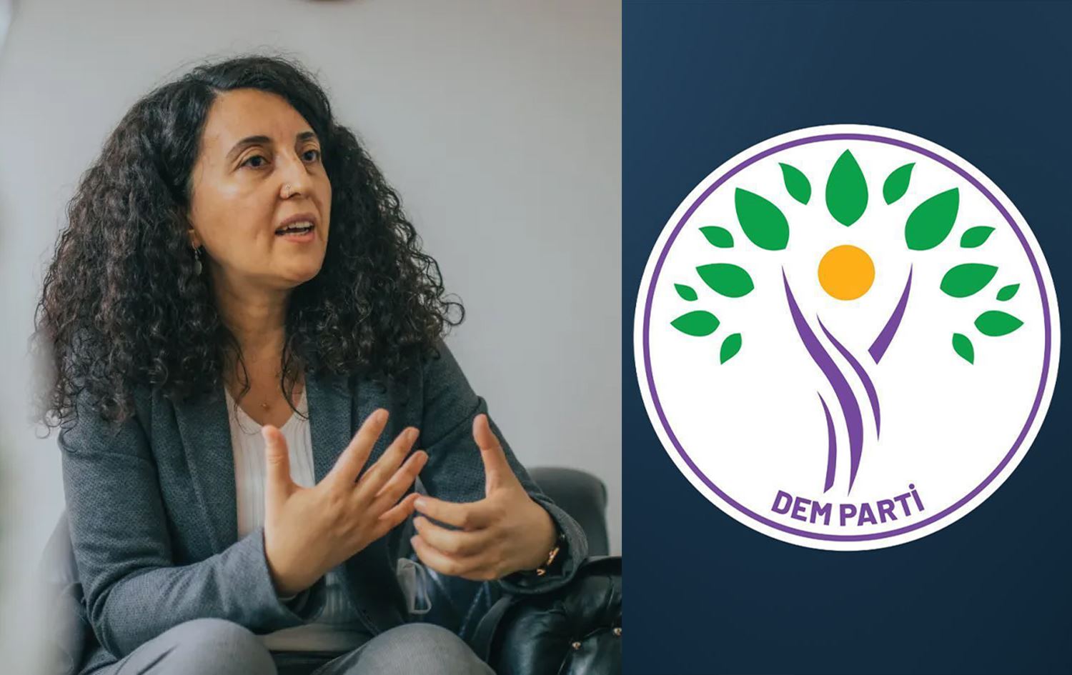 Ebru Gunay û logoya DEM Partiyê / Wêne: The New Global Order, Rûdaw Grafîk