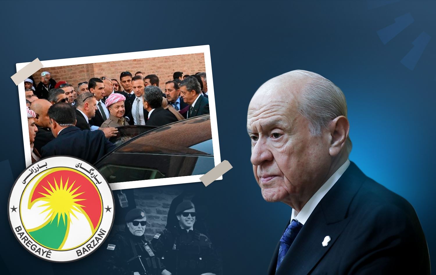Rudaw graphic featuring President Masoud Barzani's visit to Turkey, emblem of his office, Kurdish forces and MHP leader Devlet Bahceli. 