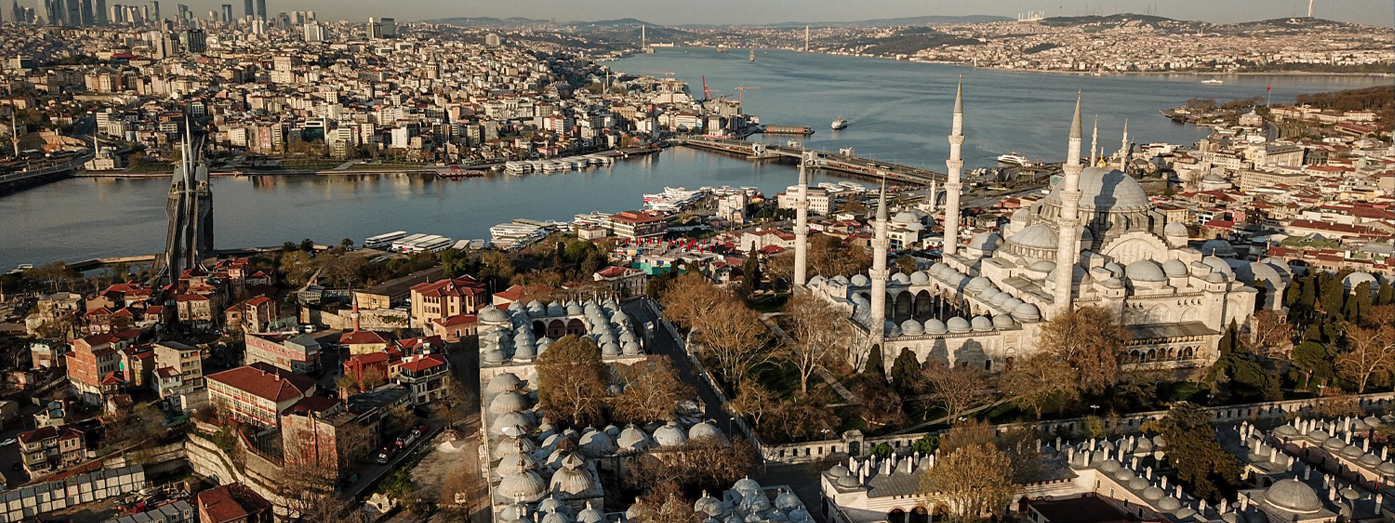 An aerial view of the Suleymaniye mosque and the Bosphorus in Istanbul on April 19, 2020. Photo: Ozan Kose/AFP