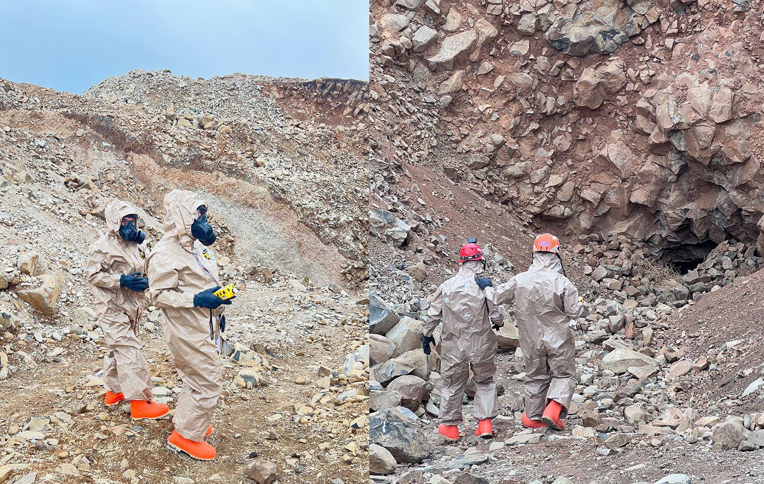 Şırnak'ın Cizre ilçesindeki mağarada erkek cesedi bulundu. Ekipler, zehirli gaza karşı özel kıyafet giyerek, ölçüm cihazıyla mağarada inceleme yaptı. / AA