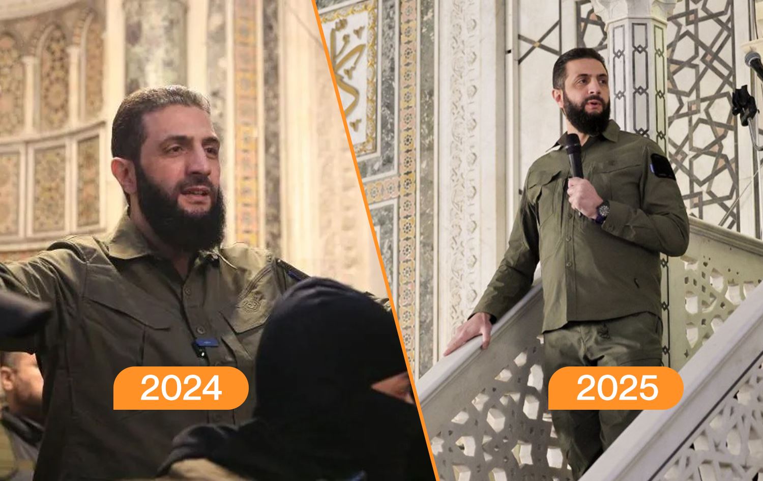 Syria’s interim President Ahmed al-Sharaa wearing military uniform at Damascus’s Umayyad Mosque on December 8, 2024 and December 8, 2025. Photos: AFP/Syrian presidency. Graphic: Rudaw 