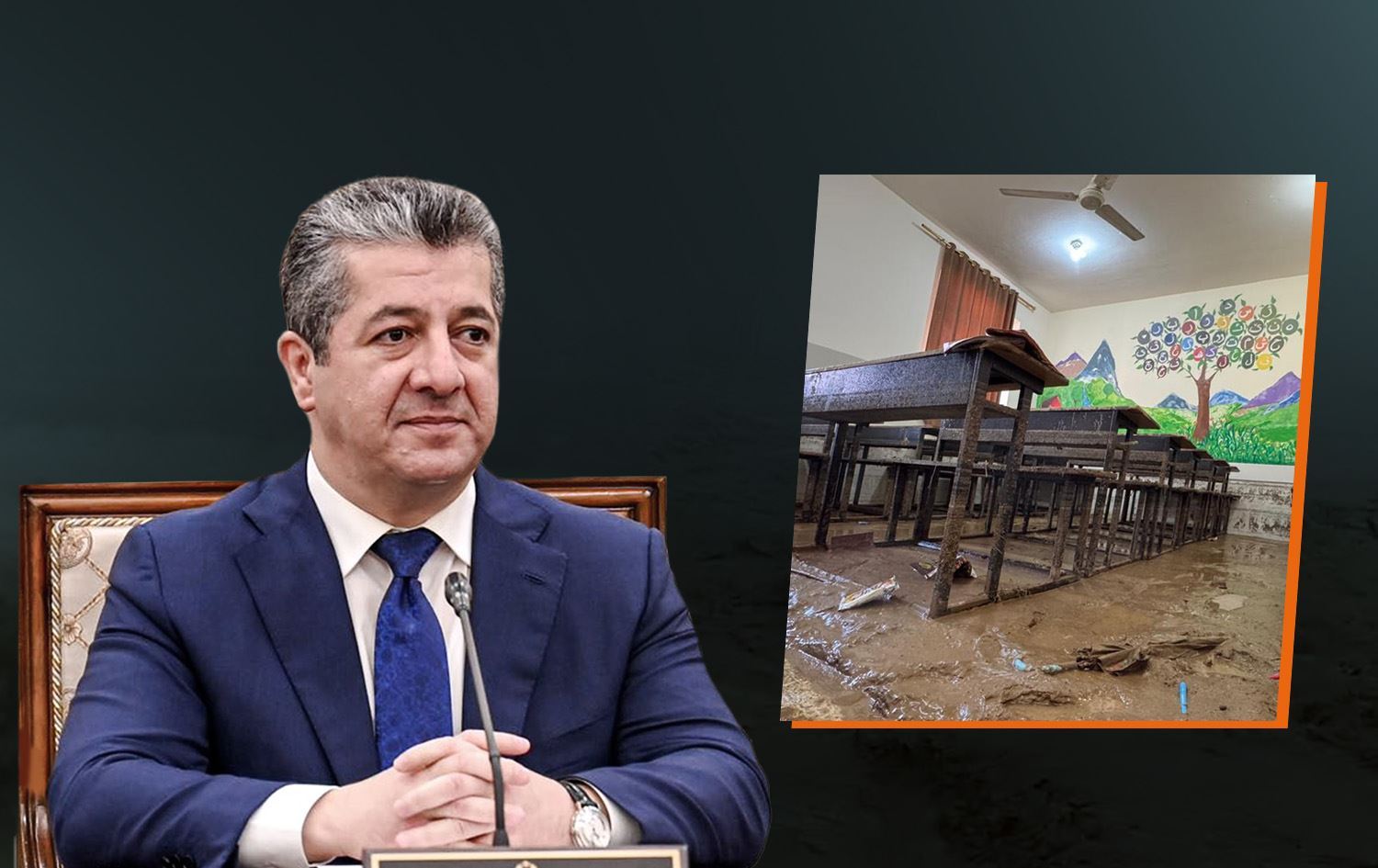 Wêneyê dibistaneke Çemçemalê û Mesrûr Barzanî\ Wêne: Rûdaw Grafîk