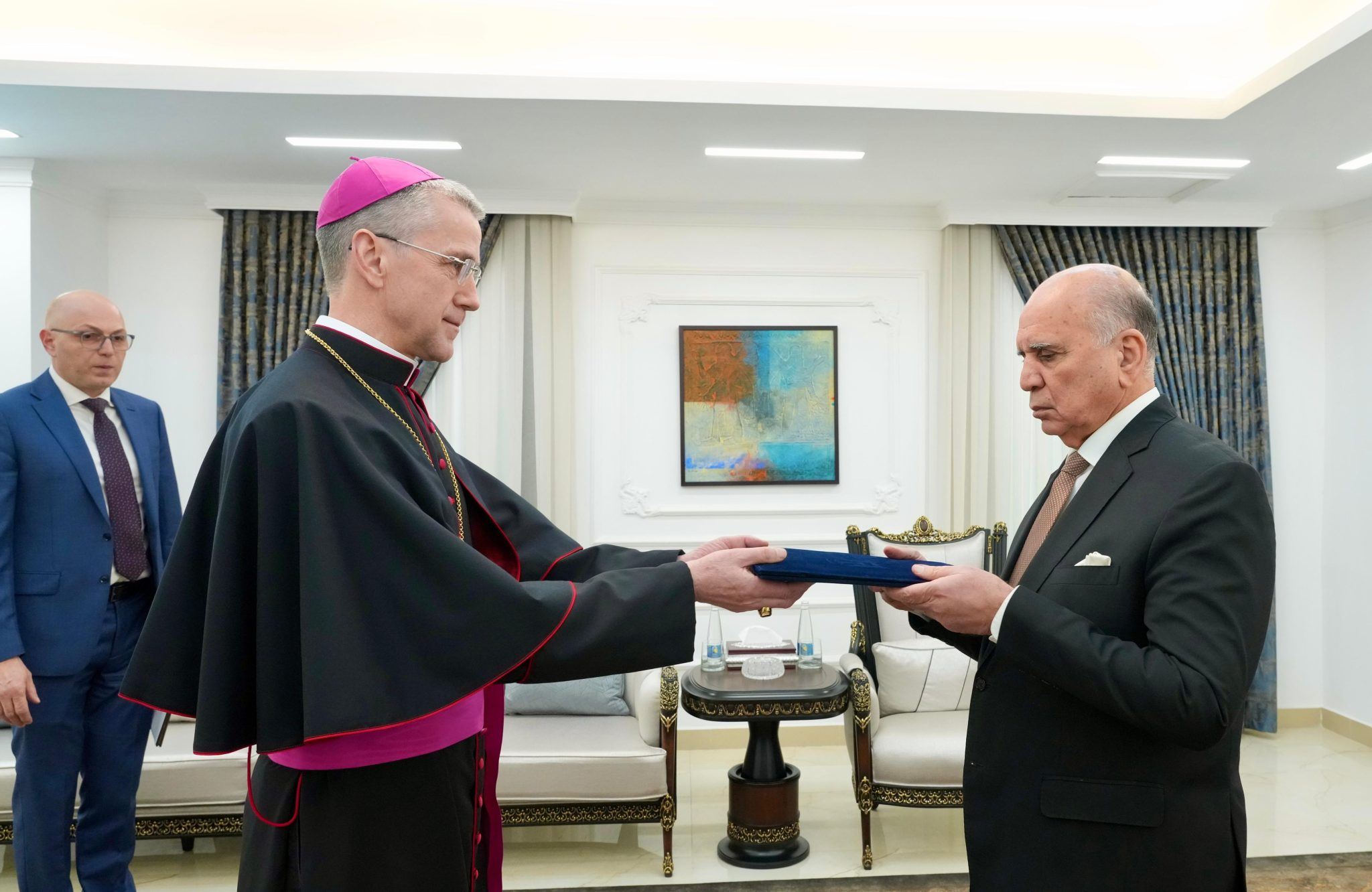 Iraqi Foreign Minister Fuad Hussein received the credentials of the non-resident Ambassador of the Vatican to Baghdad, Monsignor Mirosław Stanisław Wachowski on Thursday, December 11, 2025. Photo: Iraq's foreign ministry