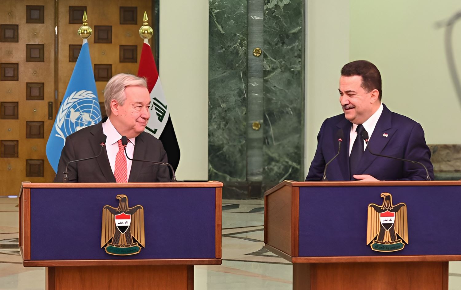 United Nations Secretary-General Antonio Guterres (left) and Iraqi Prime Minister Mohammed Shia’ al-Sudani (right) in a joint press conference in Baghdad on December 13, 2025. Photo: UNAMI