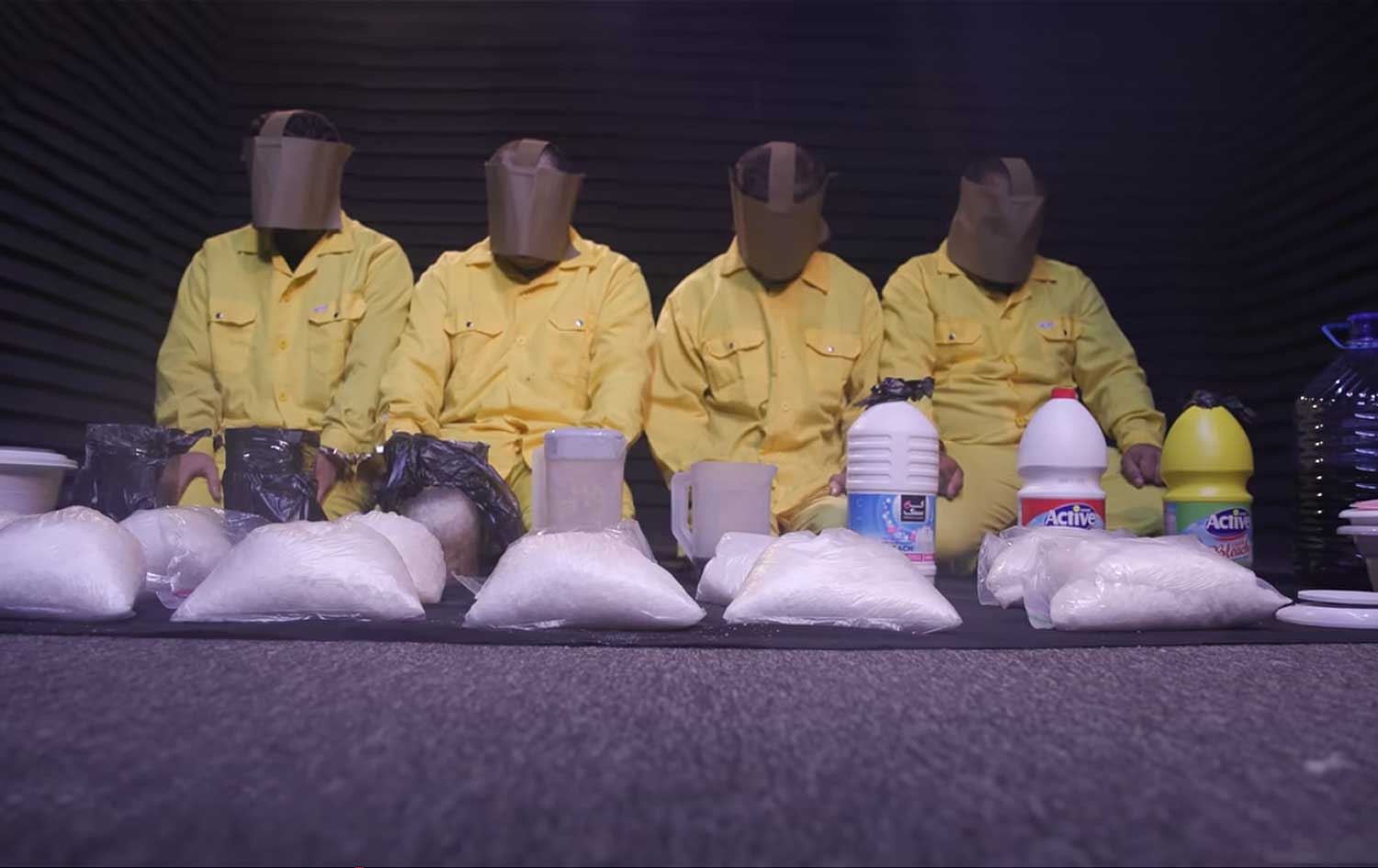 Suspected members of a drug trafficking network arrested by the Iraqi National Security Service (INSS) in Basra on December 14, 2025. Photo: Screengrab/INSS