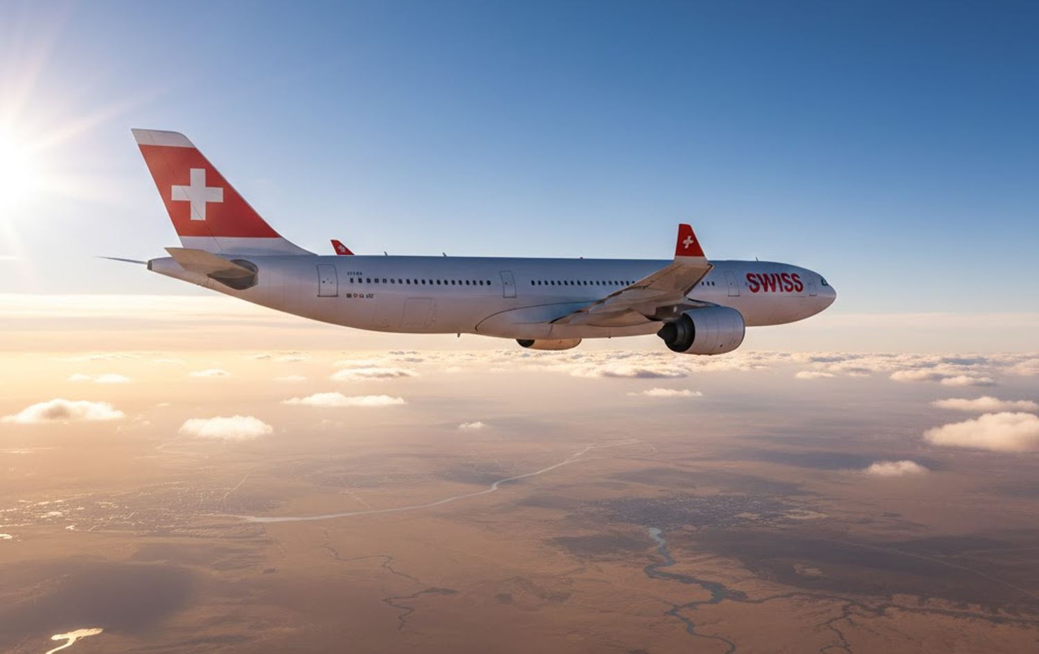 فڕۆکەیەکی سویسری لە ئاسمانی عێراق. وێنەکە بە ژیریی دەستکرد دروستکراوە