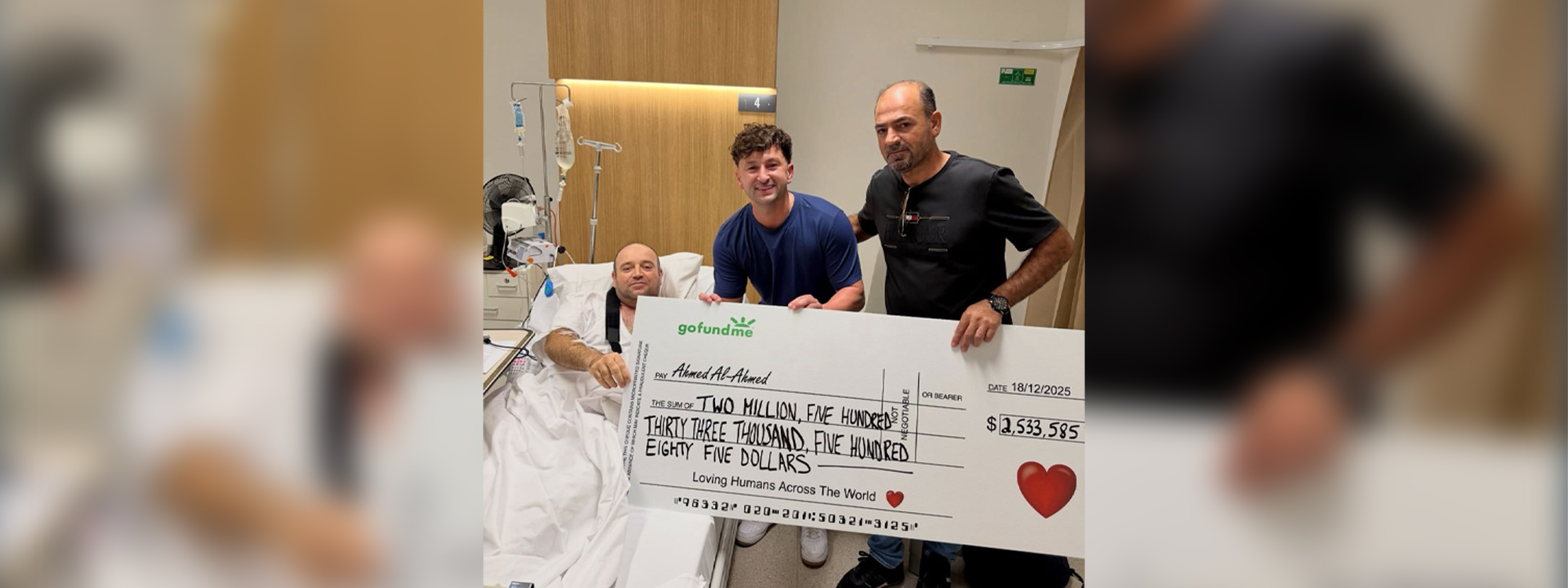 GoFundMe campaign initiator Zachery Dereniowski visited al-Ahmed in hospital on Wednesday, presenting a cheque totaling $2,533,585. Photo: Dereniowski's Instagram