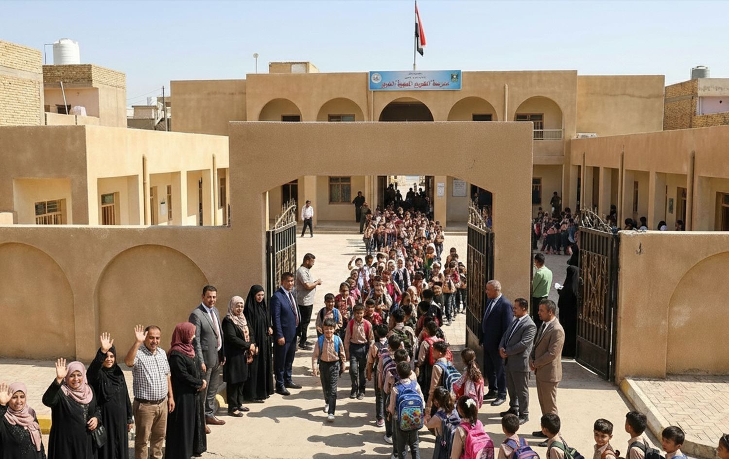 وێنەکە قوتابخانەیەکە و گوزارشت لە گەڕانەوەی ژمارەیەک قوتابی دەکات بۆ خوێندن. بە ژیریی دەستکرد دروستکراوە