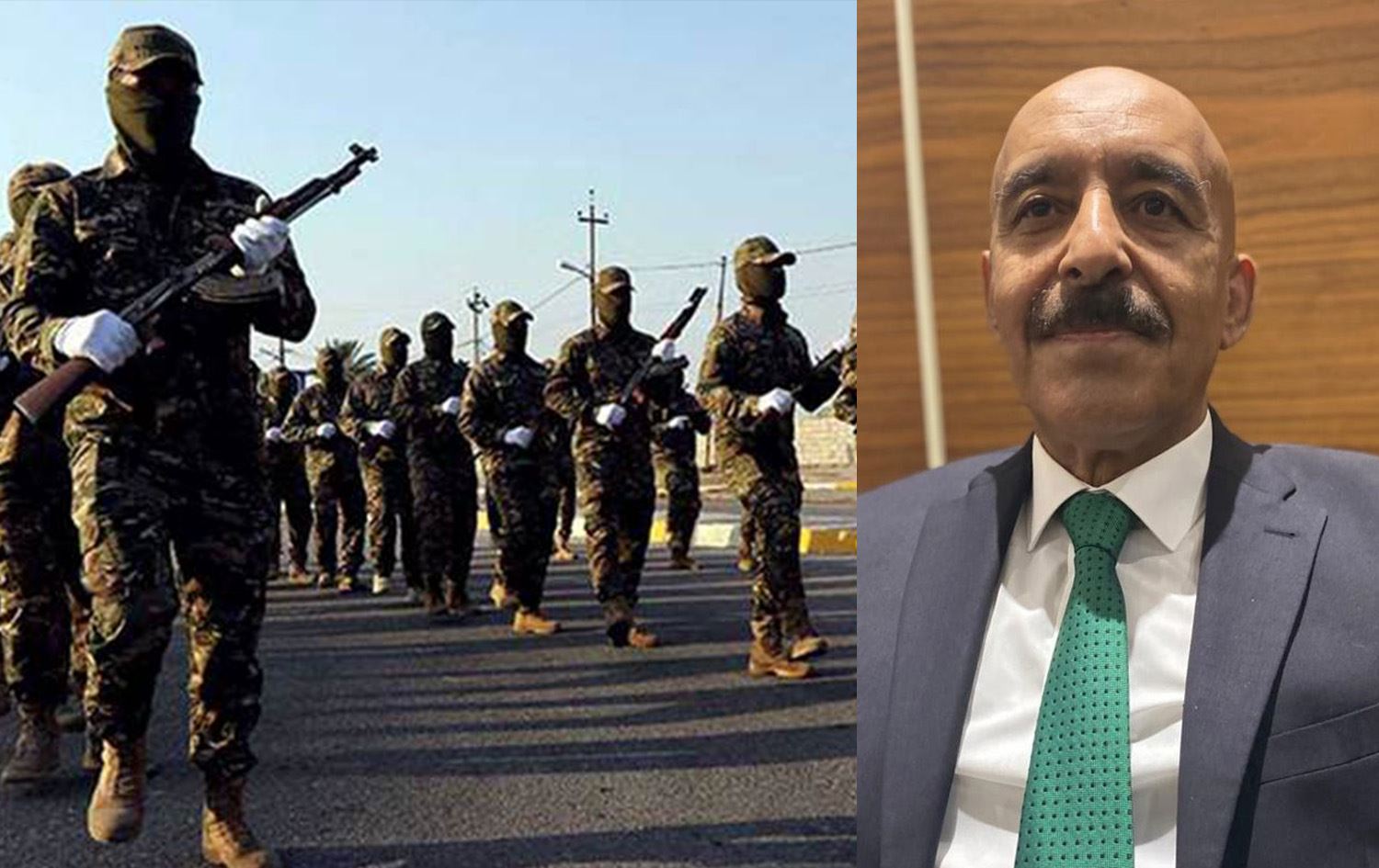 صورة لإحسان القيسون واستعراض لفصيل مسلح