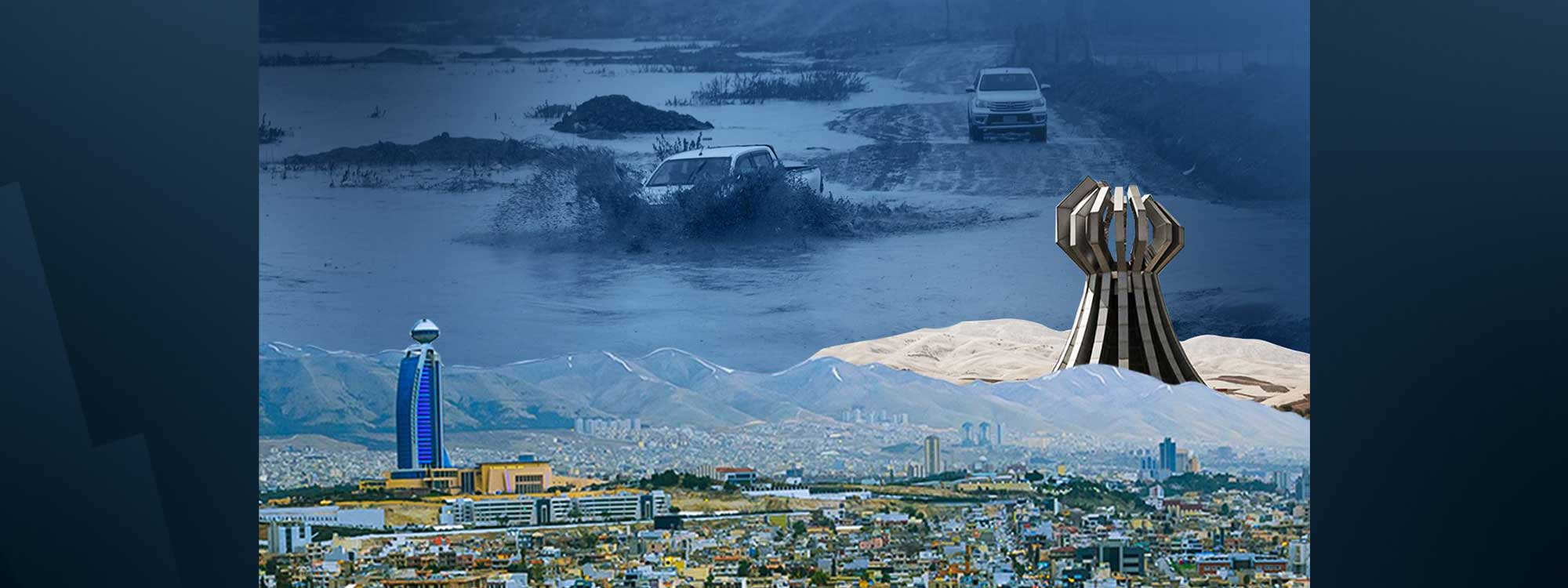 Composite image of Sulaimani and Halabja provinces with a scene from the Chamchamal floods. Graphic: Rudaw