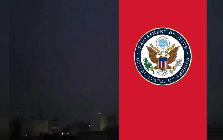 شعار وزارة الخارجية الاميركية وصورة للاشتباكات بين قسد ومجموعات تابعة للحكومة السورية