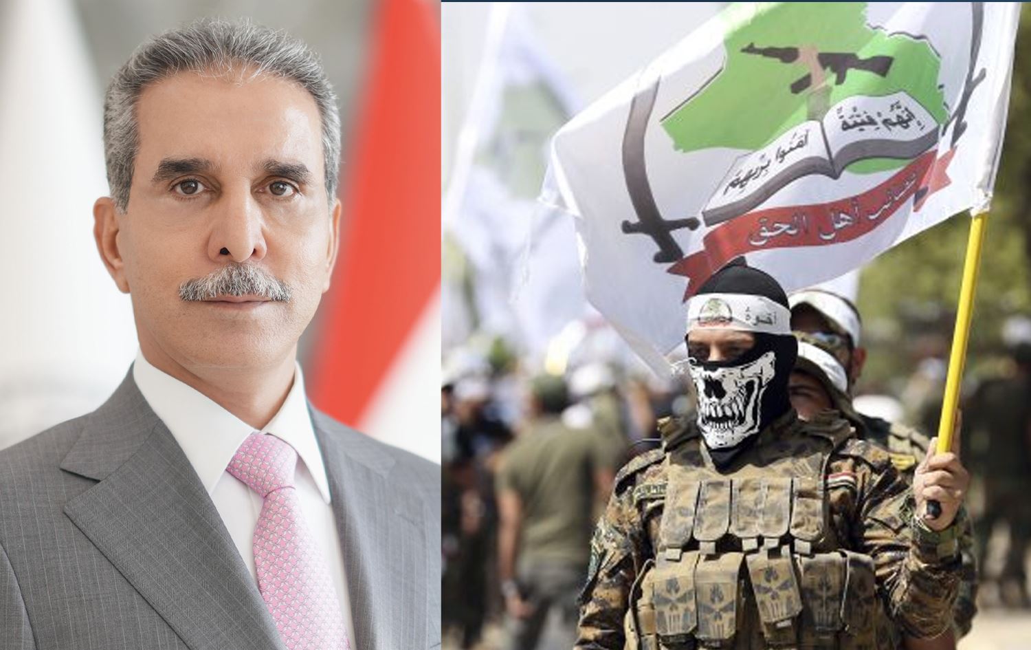 File photo of Iraq's Supreme Judicial Council President Faiq Zidan (left) and a file photo of Asa’ib Ahl al-Haq fighters (right). Photos: Zidan's office and AP. Graphic: Rudaw
