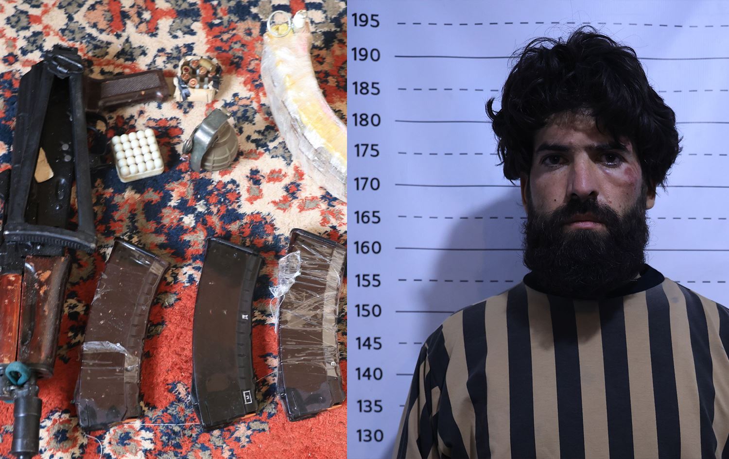 Footage of weapons confiscated by Syrian security forces during an anti-ISIS operation in Rif Dimashq on December 24, 2025 and the photo of the suspected ISIS leader. 