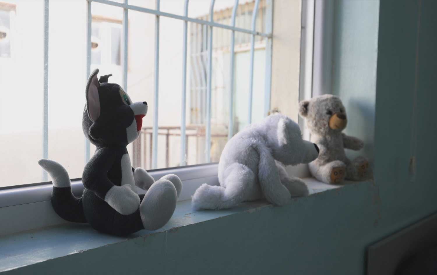 Stuffed toys sit by a window inside an orphanage in Sulaimani. Photo: Screengrab/Rudaw