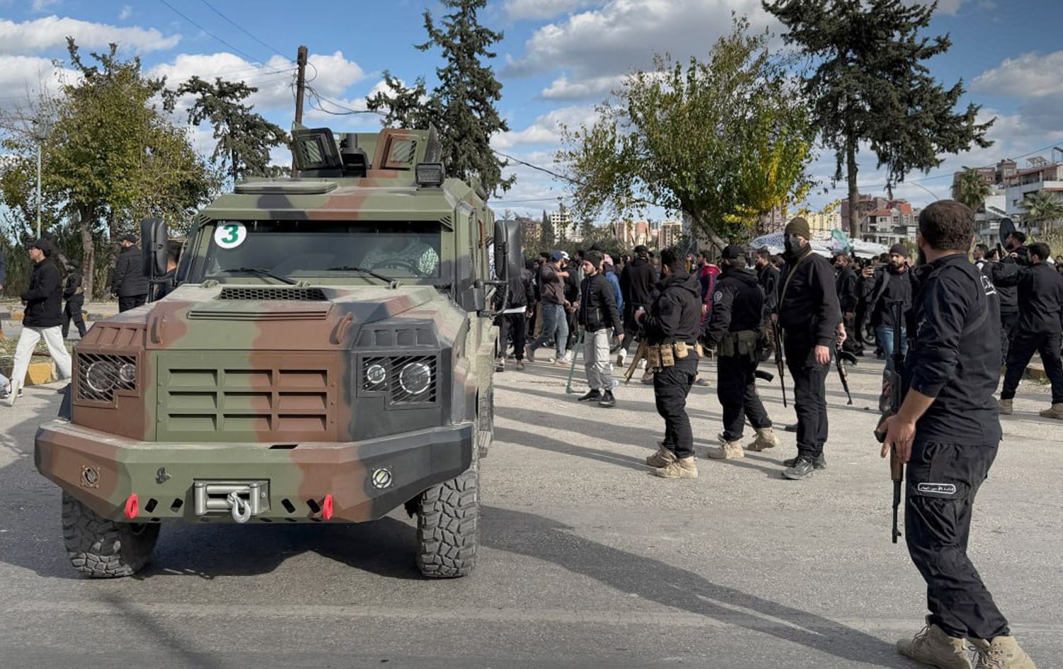 Damascus-affiliated security forces amid protests in Latakia on December 29, 2025. Photo: SANA