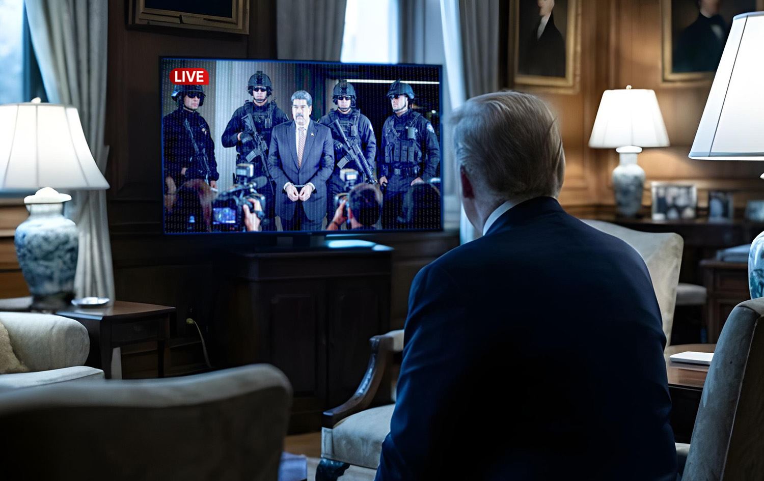  ترەمپ لە شاشەوە سەیری دەستگیرکردنی مادورۆ دەکات. وێنەکە بە ژیریی دەستکرد دروستکراوە