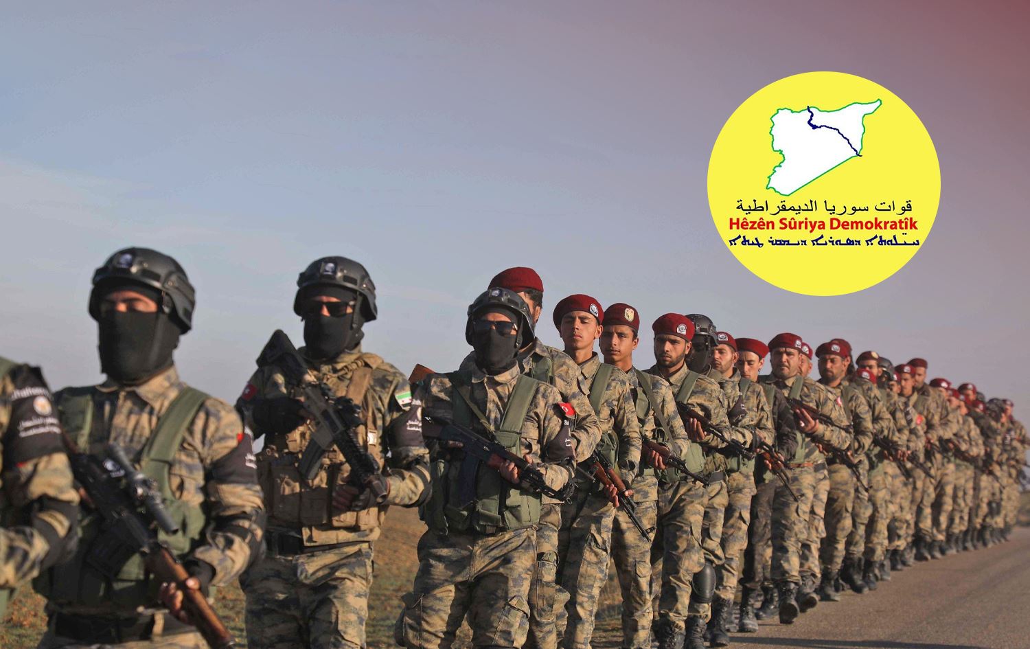 Syrian Arab Army soldiers with the logo of the Kurdish-led Syrian Democratic Forces (SDF) in the right-hand corner. Graphic: Rudaw