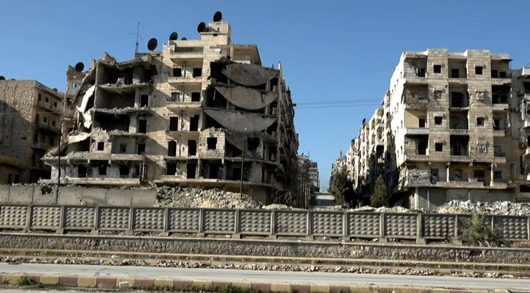 Damaged buildings in Aleppo's embattled neighborhood of Sheikh Maqsood. Photo: Rudaw