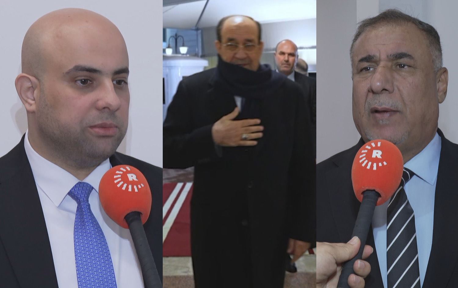 عضو ائتلاف دولة القانون عارف الحمامي (يمين) والسوداني مستقبلاً المالكي (وسط) والنائب عن تحالف الاعمار والتنمية حسين العنكوشي (يسار)