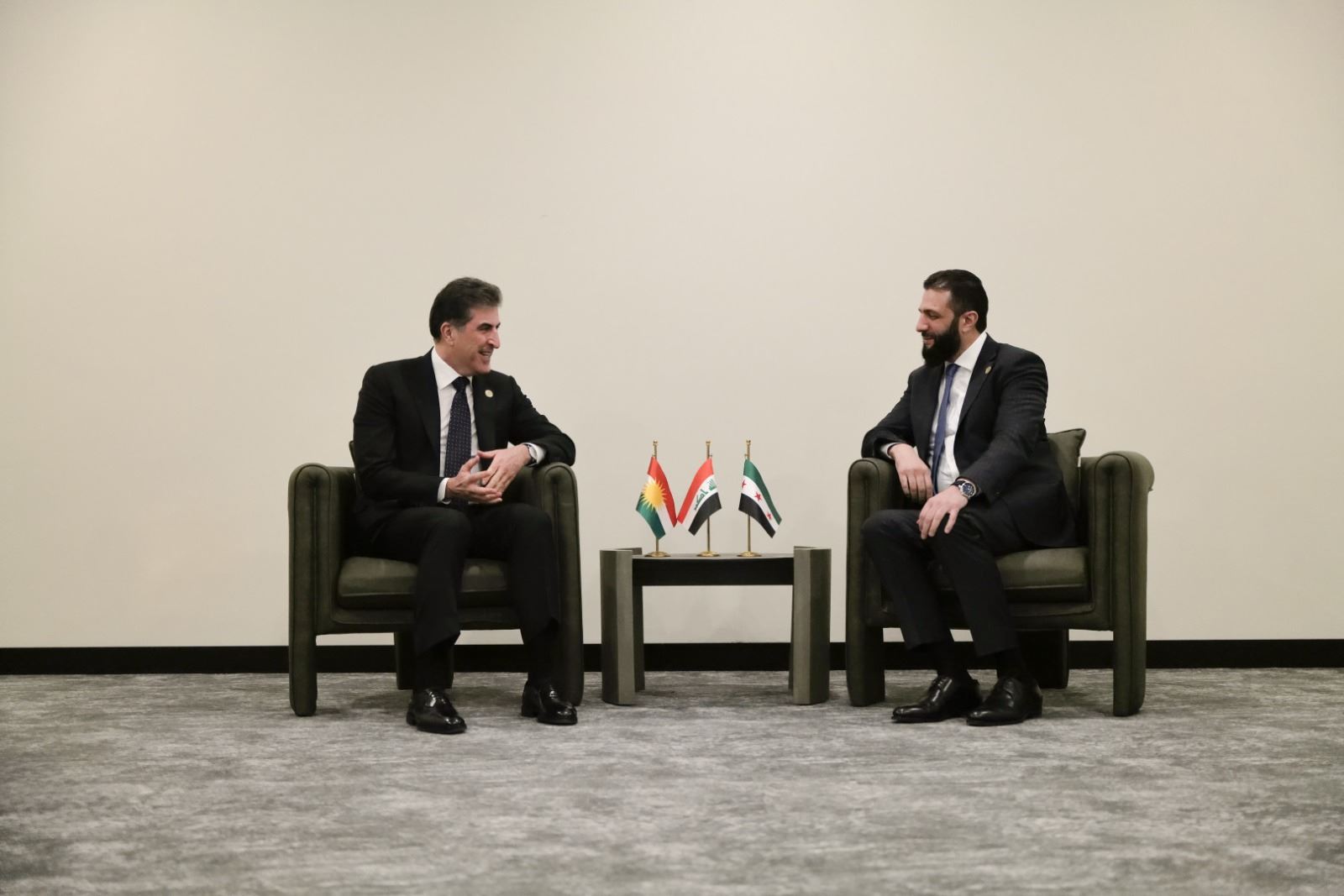 Kurdistan Region President Nechirvan Barzani (left) meeting Syrian interim President Ahmed al-Sharaa for the first time in Turkey on April 11, 2025. Photo: Kurdistan Presidency