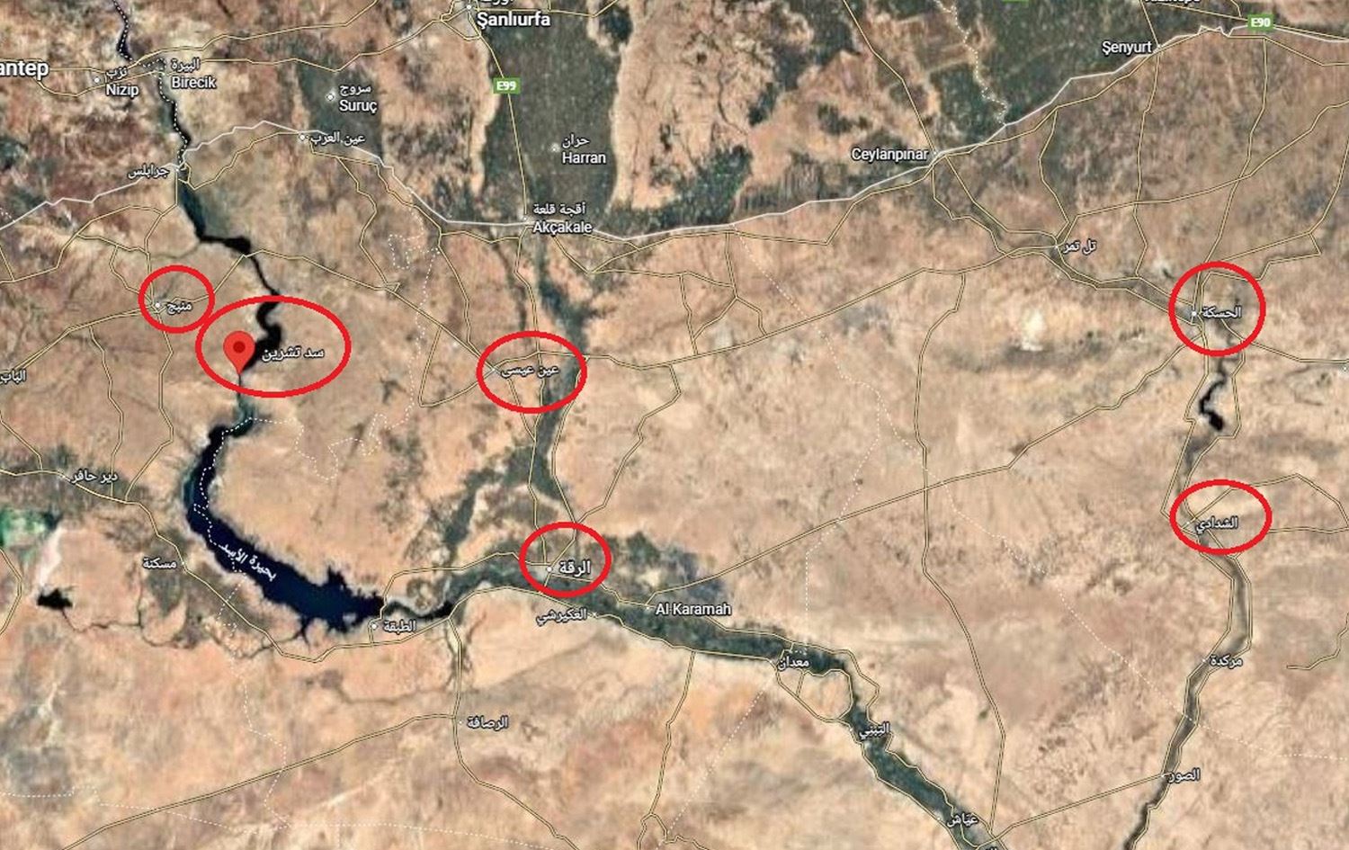 موقع سد تشرين على الخريطة