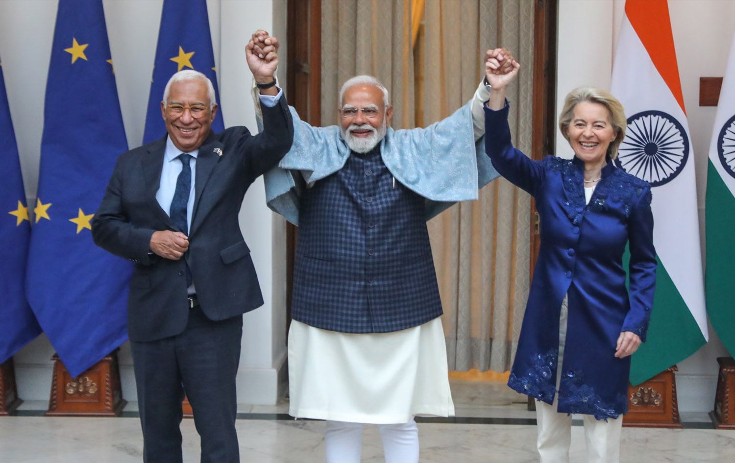 ناریندرا مۆدی، سەرۆکوەزیرانی هیندستان لەگەڵ بەرپرسانی یەکێتیی ئەورووپا. وێنە: Rajat Gupta/EPA