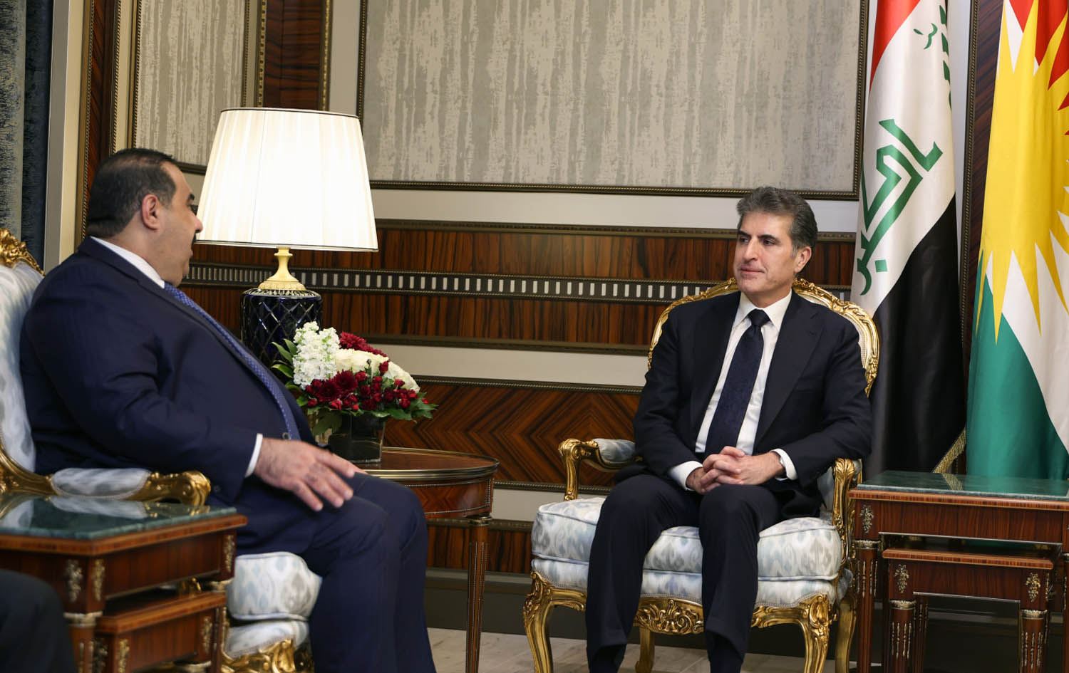 نێچيرڤان بارزانى، سه‌رۆكى هه‌رێمى كوردستان و موسه‌ننا سامه‌ڕائی، سه‌رۆكى هاوپه‌يمانيى عه‌زم